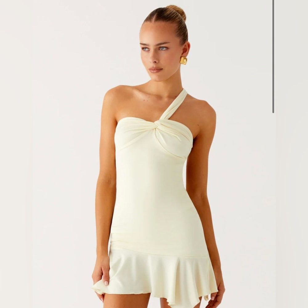 Peppermayo One-Shoulder Twist Mini Dress in Cream